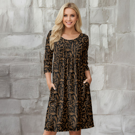 Three Quarter Sleeve Empire Dress with Pockets - Filigree