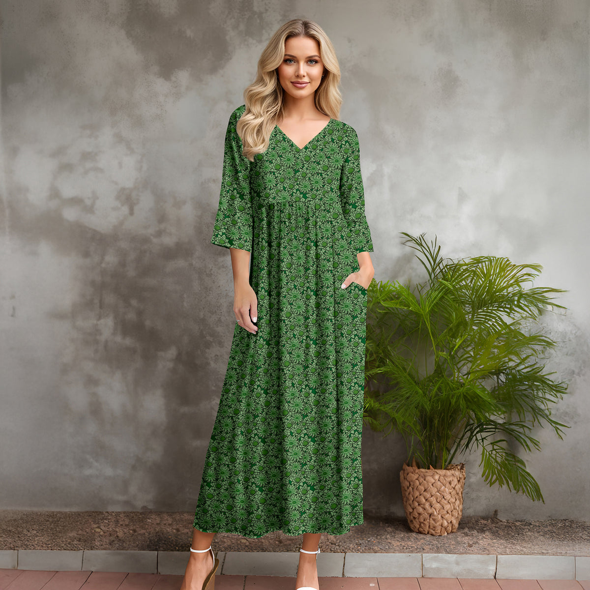 Three Quarter Sleeve V-neck Maxi Dress with Pockets - Floral