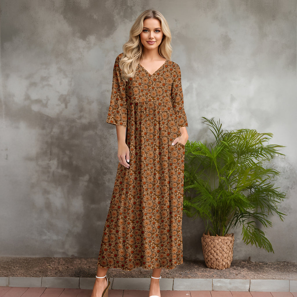 Three Quarter Sleeve V-neck Maxi Dress with Pockets - Floral