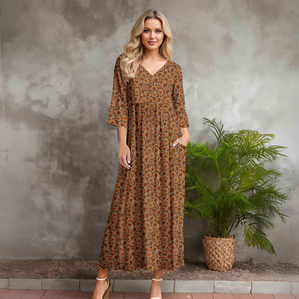 Three Quarter Sleeve V-neck Maxi Dress with Pockets - Floral