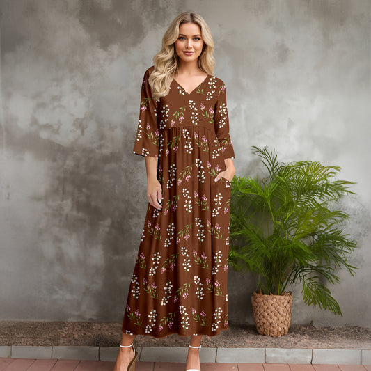 Three Quarter Sleeve V-neck Maxi Dress with Pockets - Floral