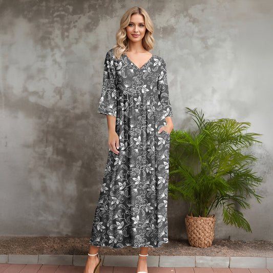 Three Quarter Sleeve V-neck Maxi Dress with Pockets - Floral