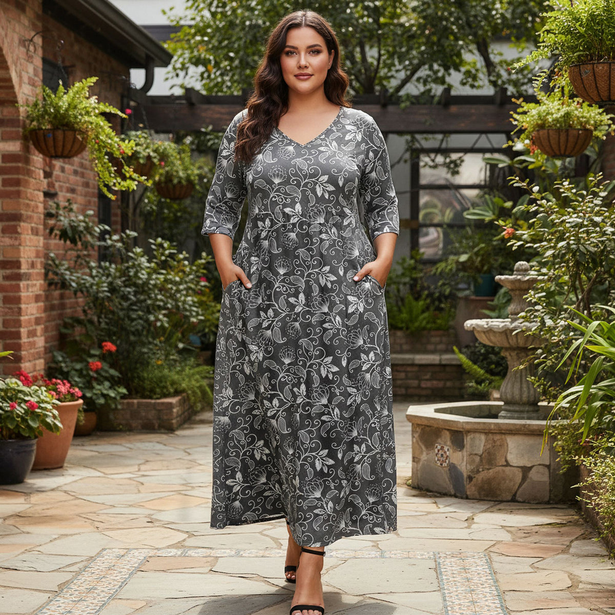 Three Quarter Sleeve V-neck Maxi Dress with Pockets - Floral