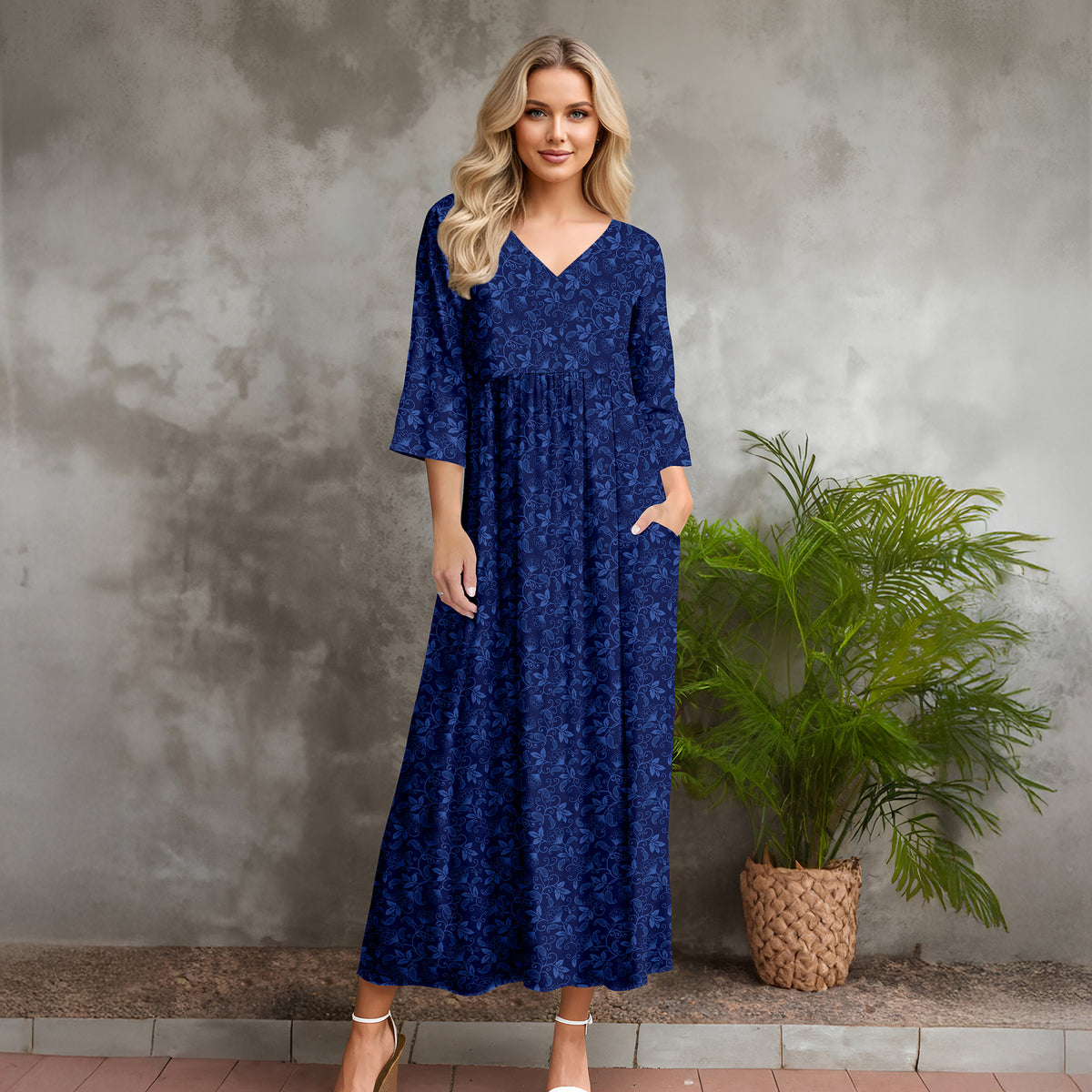 Three Quarter Sleeve V-neck Maxi Dress with Pockets - Floral