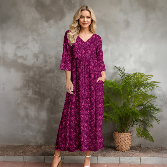 Three Quarter Sleeve V-neck Maxi Dress with Pockets - Floral