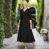 V Neck Three Quarter Sleeve Fit and Flare Midi Dress