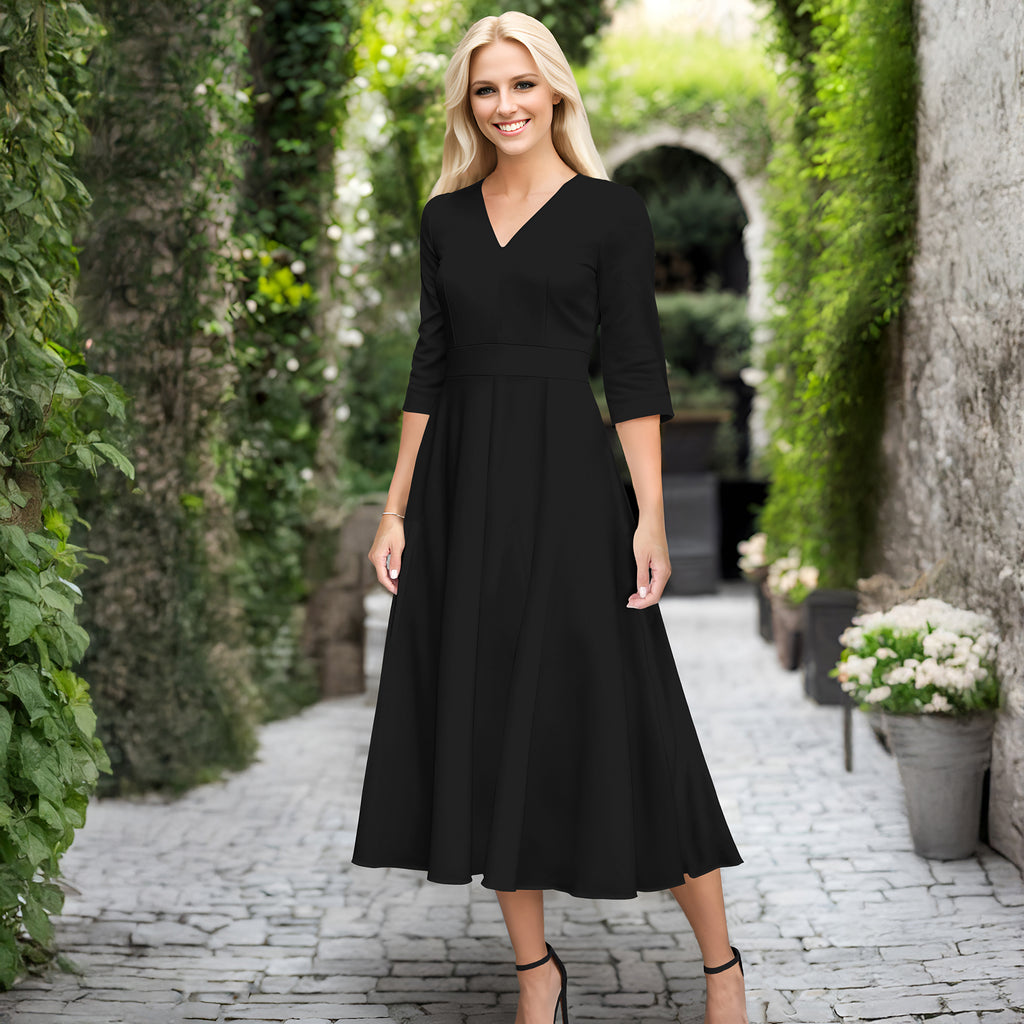 V Neck Three Quarter Sleeve Fit and Flare Midi Dress