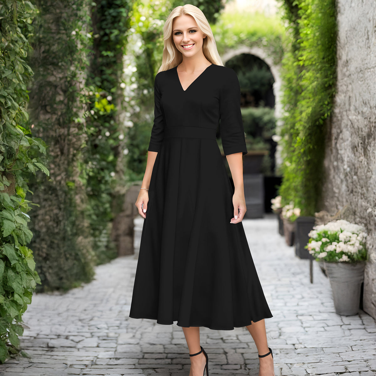 V Neck Three Quarter Sleeve Fit and Flare Midi Dress