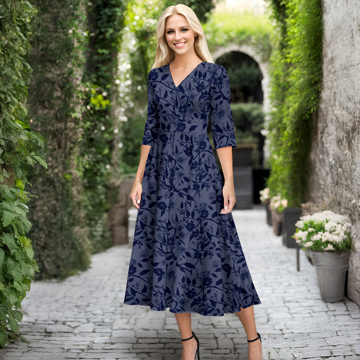 V Neck Three Quarter Sleeve Fit and Flare Midi Dress - Floral