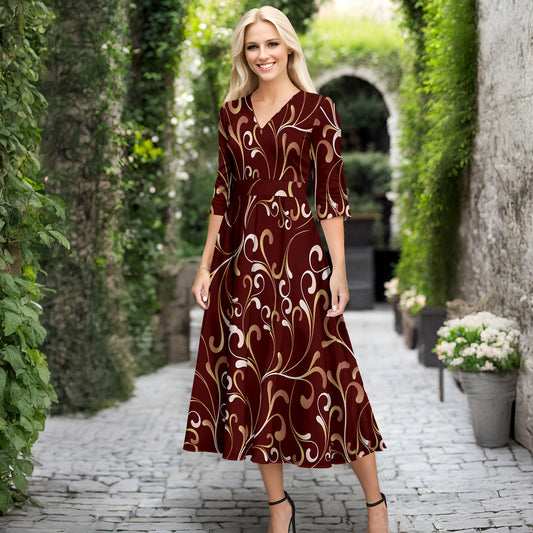 V Neck Three Quarter Sleeve Fit and Flare Midi Dress - Floral Scroll