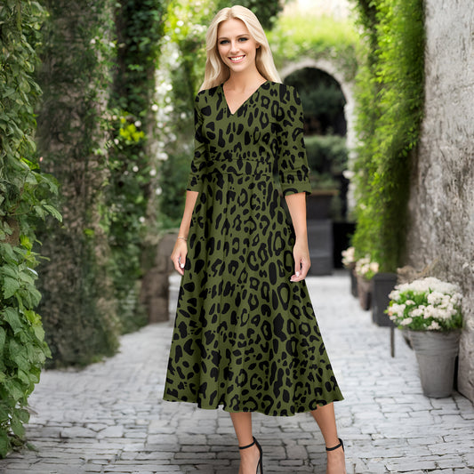 V Neck Three Quarter Sleeve Fit and Flare Midi Dress - Animal Print