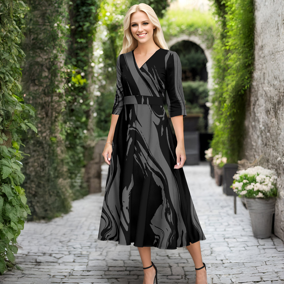 V Neck Three Quarter Sleeve Fit and Flare Midi Dress - Abstract