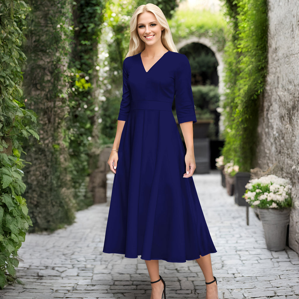 V Neck Three Quarter Sleeve Fit and Flare Midi Dress