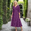 V Neck Three Quarter Sleeve Fit and Flare Midi Dress - Floral