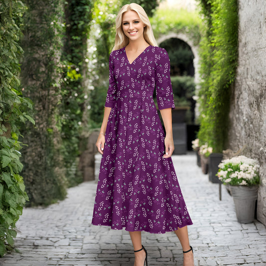 V Neck Three Quarter Sleeve Fit and Flare Midi Dress - Floral
