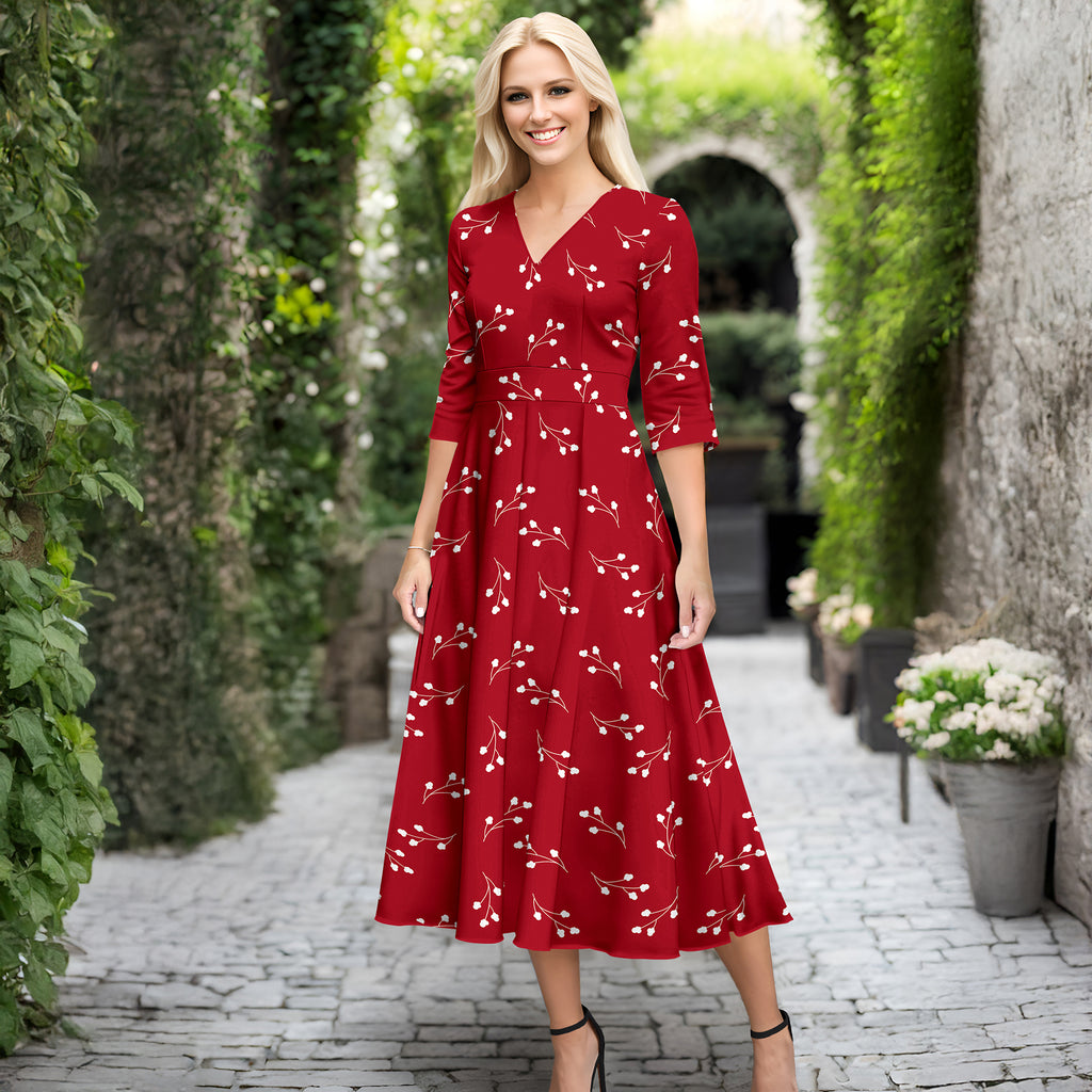 V Neck Three Quarter Sleeve Fit and Flare Midi Dress - Floral