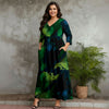 Three Quarter Sleeve V-neck Maxi Dress with Pockets - Abstract