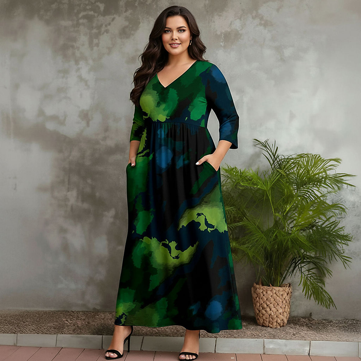 Three Quarter Sleeve V-neck Maxi Dress with Pockets - Abstract