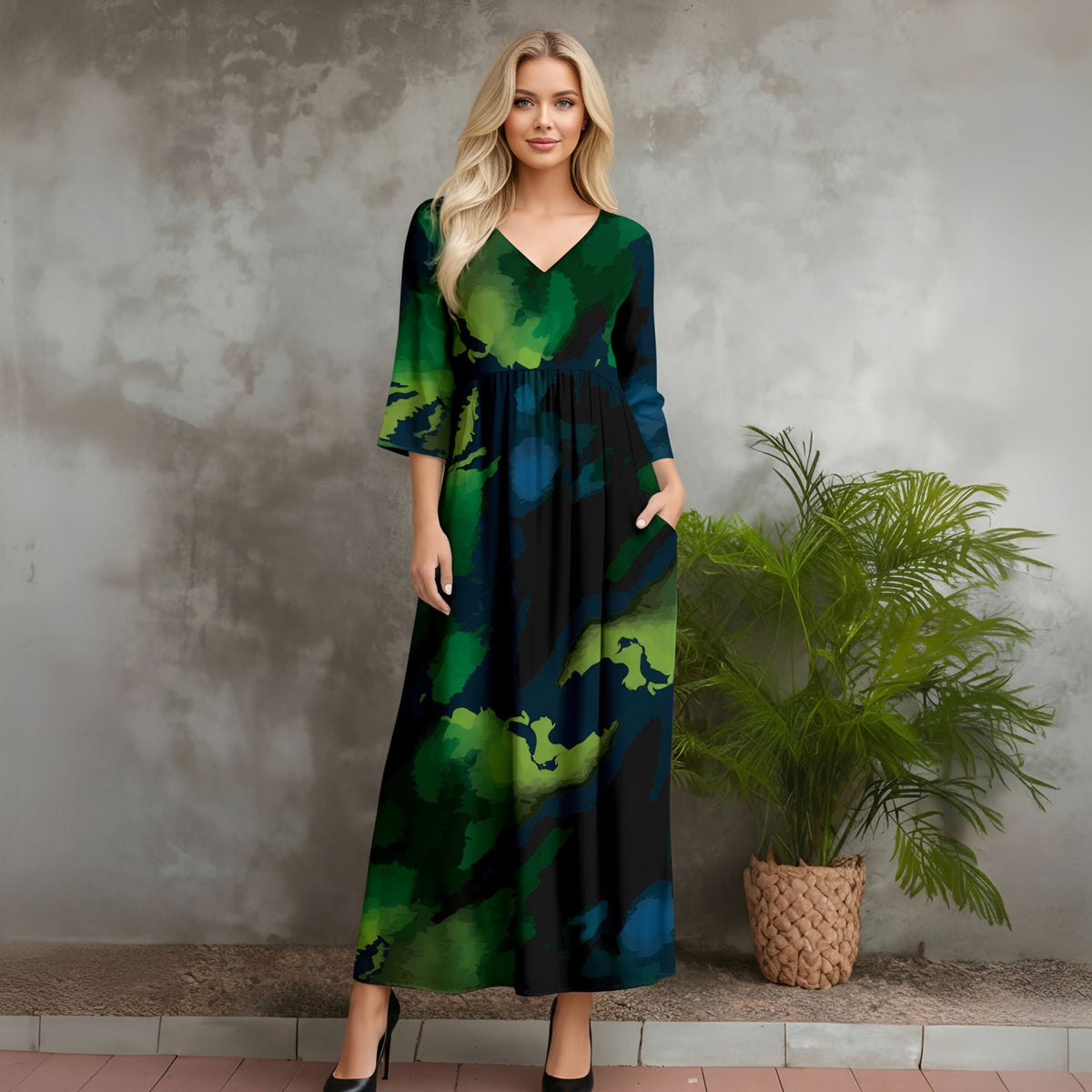 Three Quarter Sleeve V-neck Maxi Dress with Pockets - Abstract