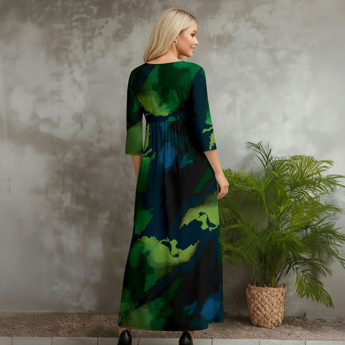 Three Quarter Sleeve V-neck Maxi Dress with Pockets - Abstract