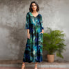 Three Quarter Sleeve V-neck Maxi Dress with Pockets - Abstract