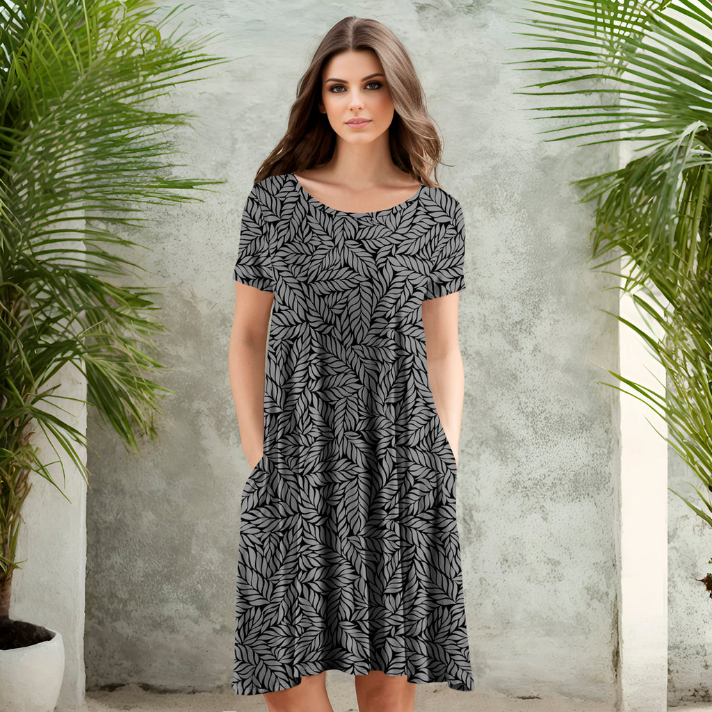 Short Sleeve Swing Dress with Pockets - Floral