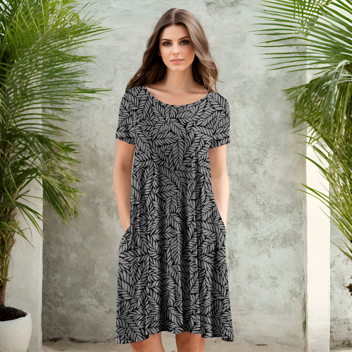 Short Sleeve Swing Dress with Pockets - Floral