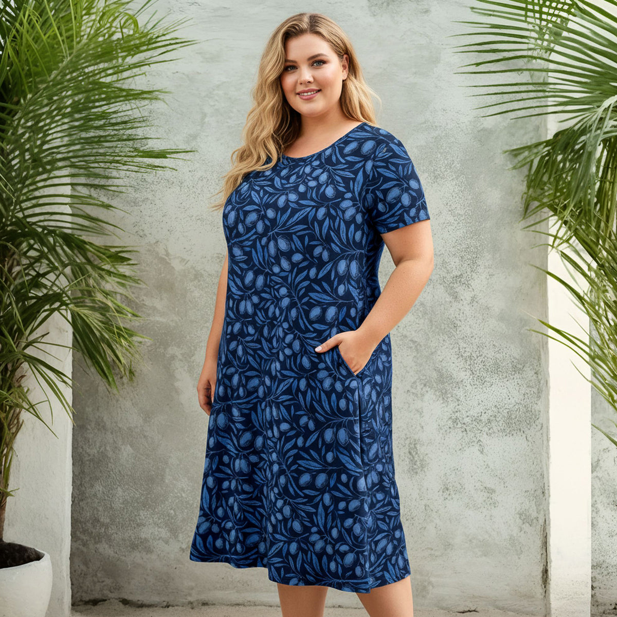 Short Sleeve Swing Dress with Pockets - Floral