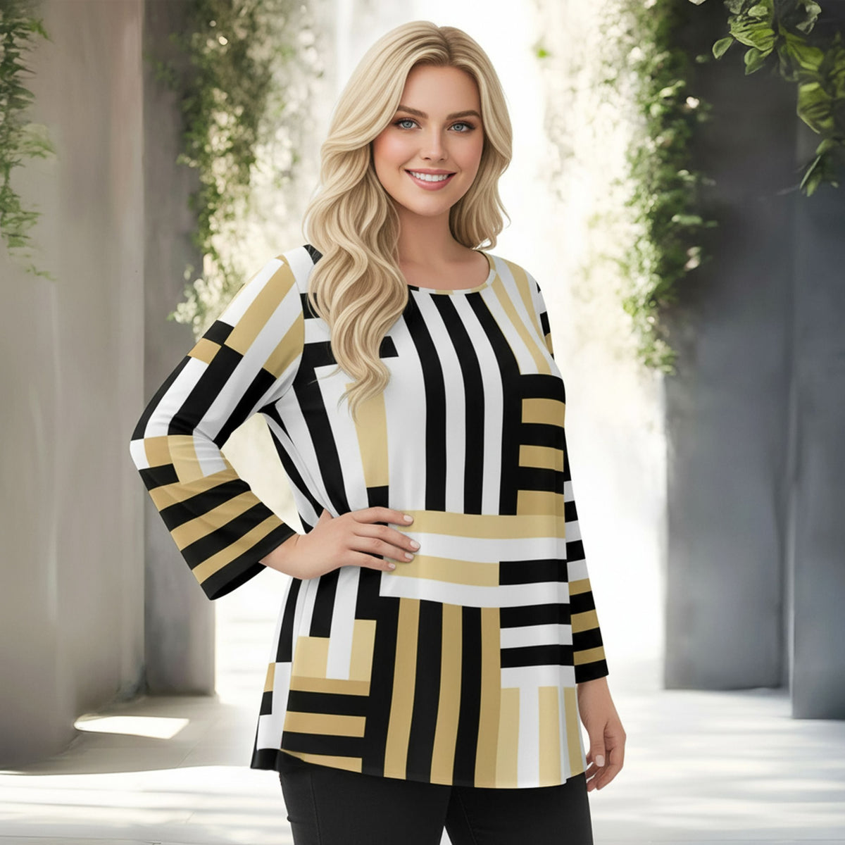 Long Sleeve Round Neck Tunic - Geometric