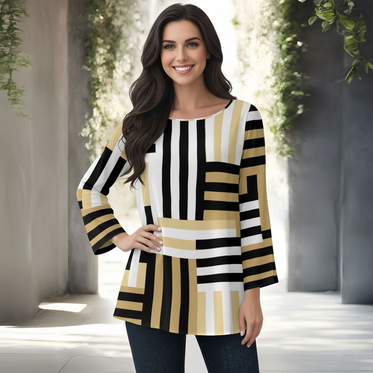 Long Sleeve Round Neck Tunic - Geometric