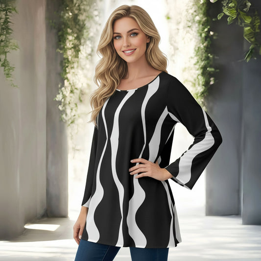 Long Sleeve Round Neck Tunic - Abstract Lines