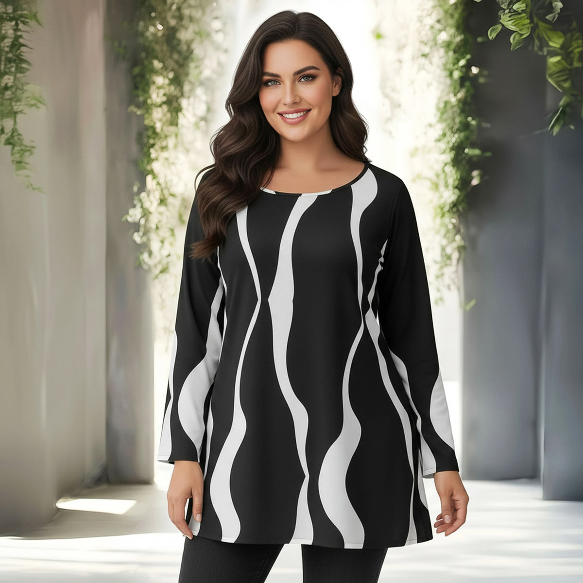 Long Sleeve Round Neck Tunic - Abstract Lines