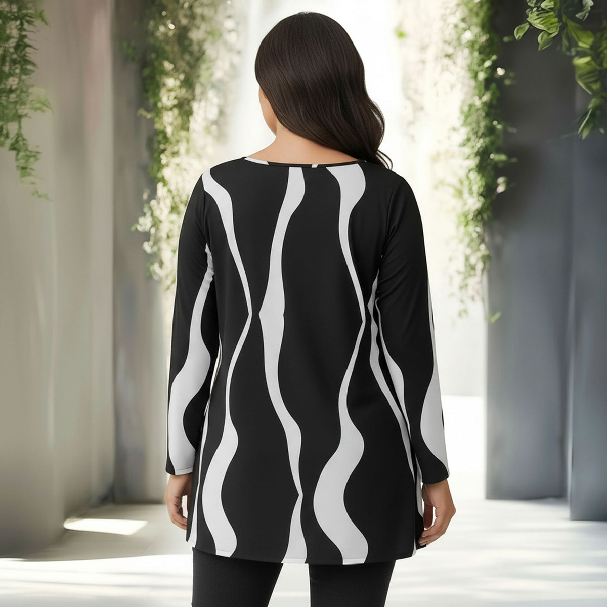 Long Sleeve Round Neck Tunic - Abstract Lines