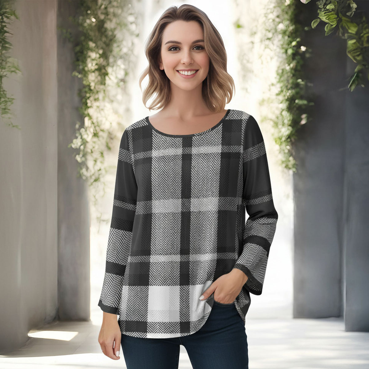 Long Sleeve Round Neck Tunic - Plaid