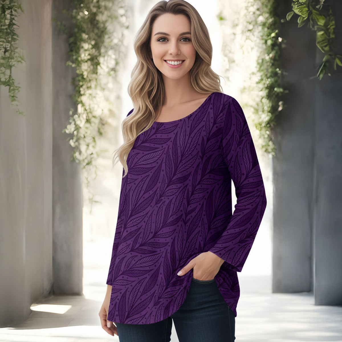 Long Sleeve Round Neck Tunic - Floral