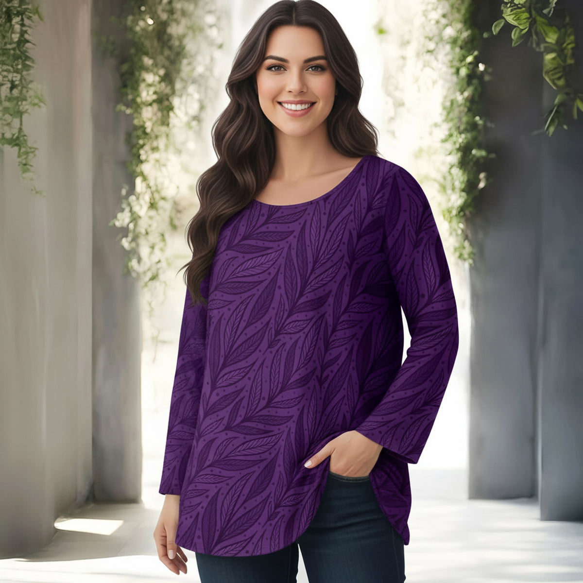 Long Sleeve Round Neck Tunic - Floral