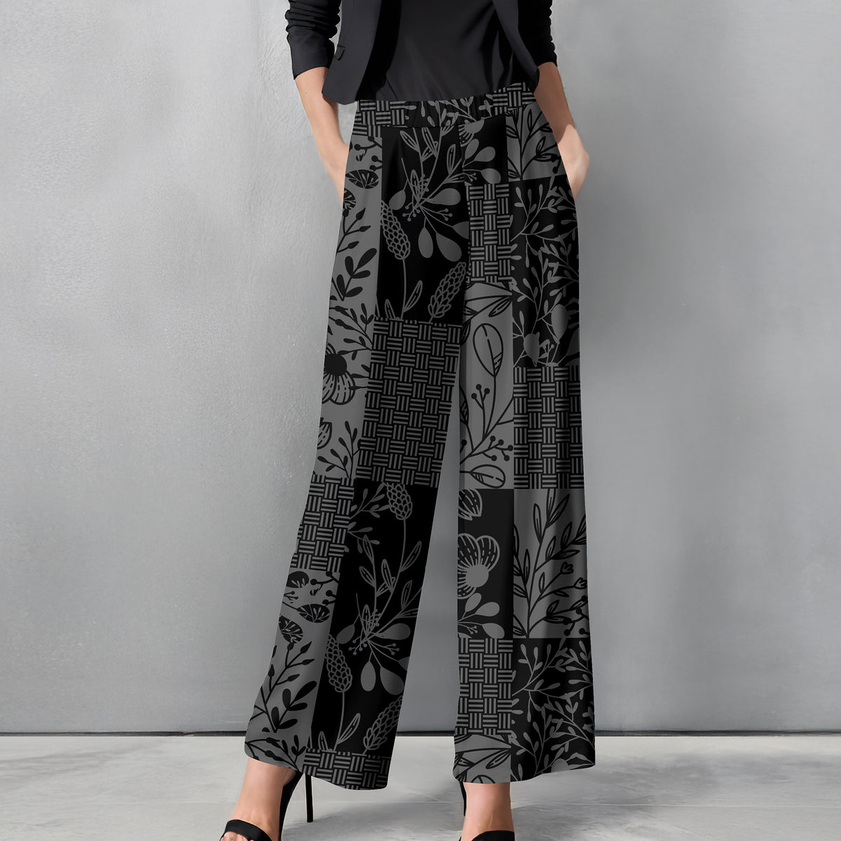 Straight Leg Pants with Pockets - Floral Patchwork