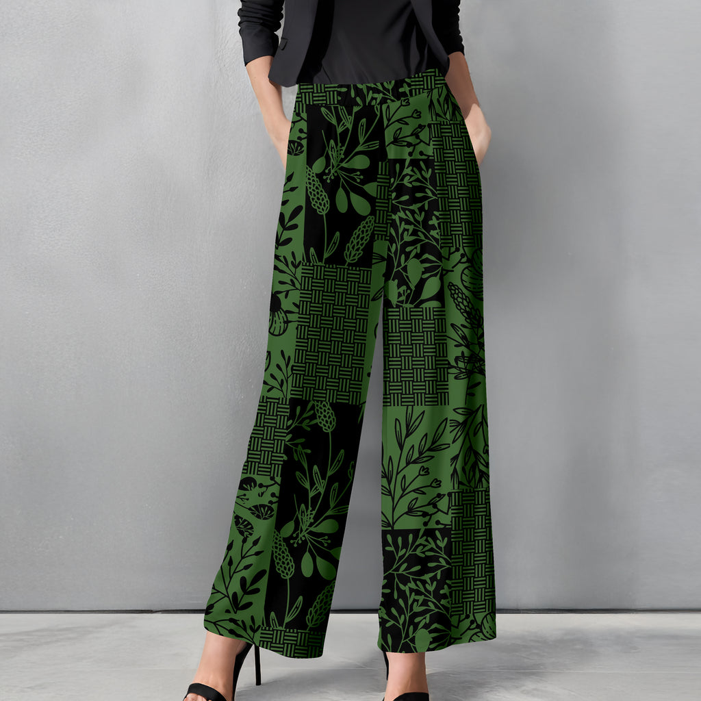 Straight Leg Pants with Pockets - Floral Patchwork
