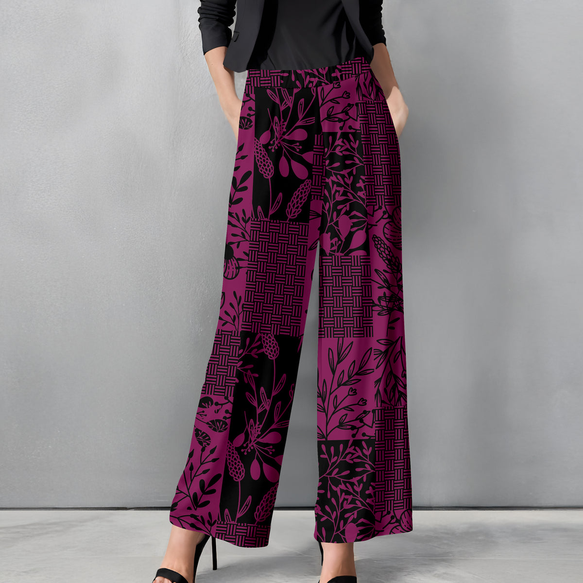 Straight Leg Pants with Pockets - Floral Patchwork