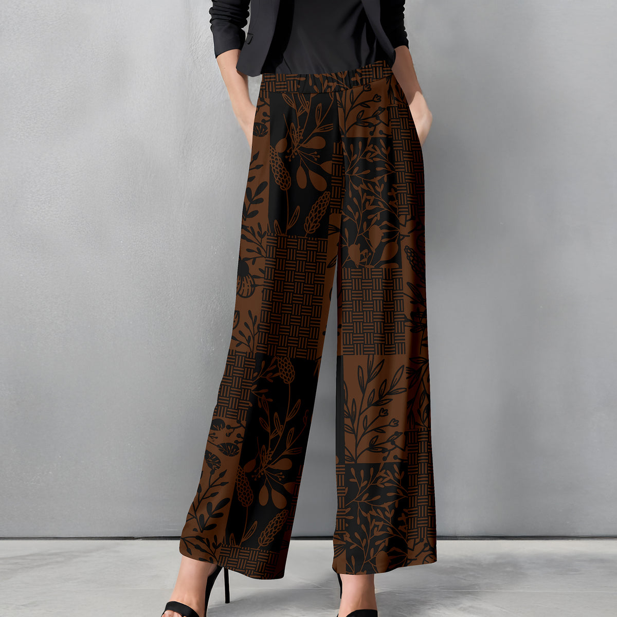Straight Leg Pants with Pockets - Floral Patchwork