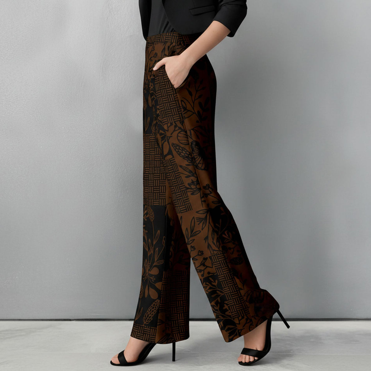 Straight Leg Pants with Pockets - Floral Patchwork