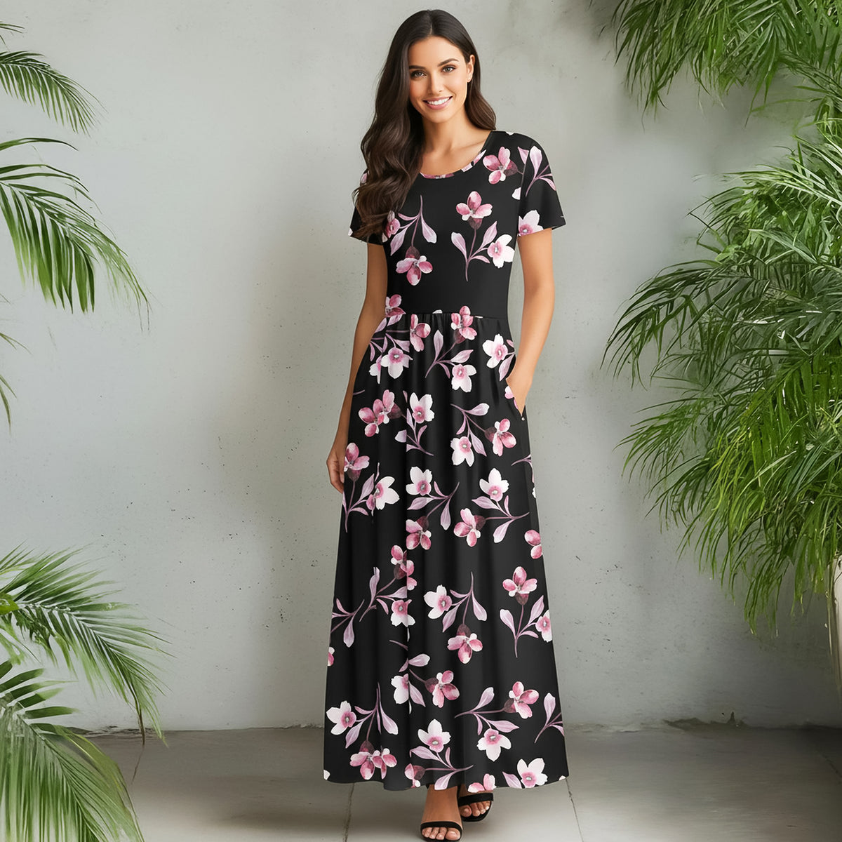 Short Sleeve Fit and Flare Maxi Dress with Pockets - Floral