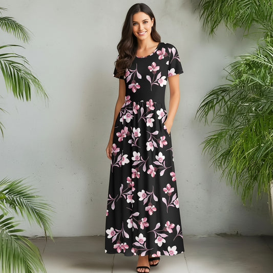 Short Sleeve Fit and Flare Maxi Dress with Pockets - Floral