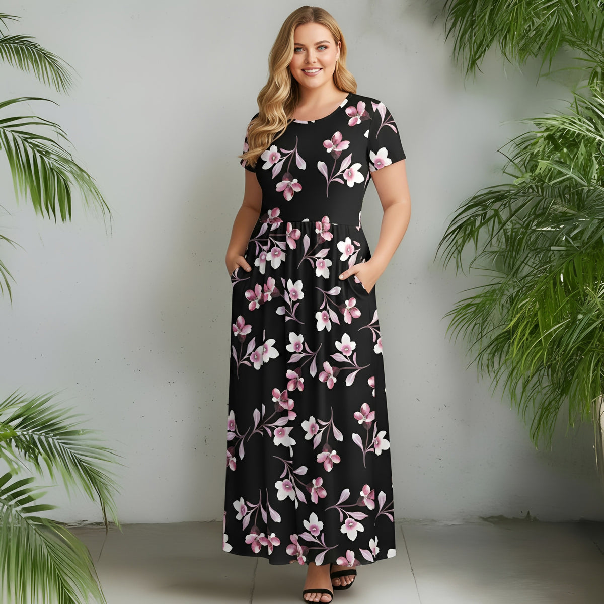 Short Sleeve Fit and Flare Maxi Dress with Pockets - Floral