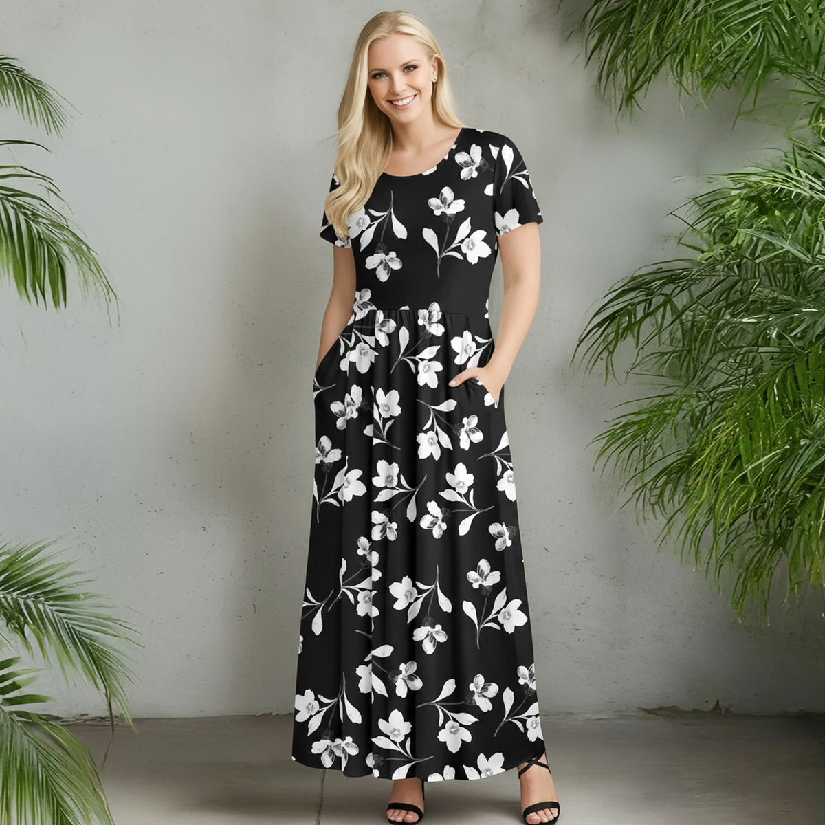 Short Sleeve Fit and Flare Maxi Dress with Pockets - Floral