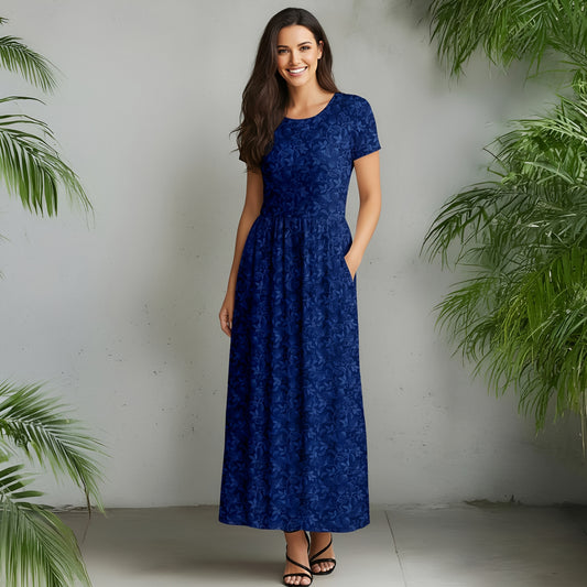 Short Sleeve Fit and Flare Maxi Dress with Pockets - Floral