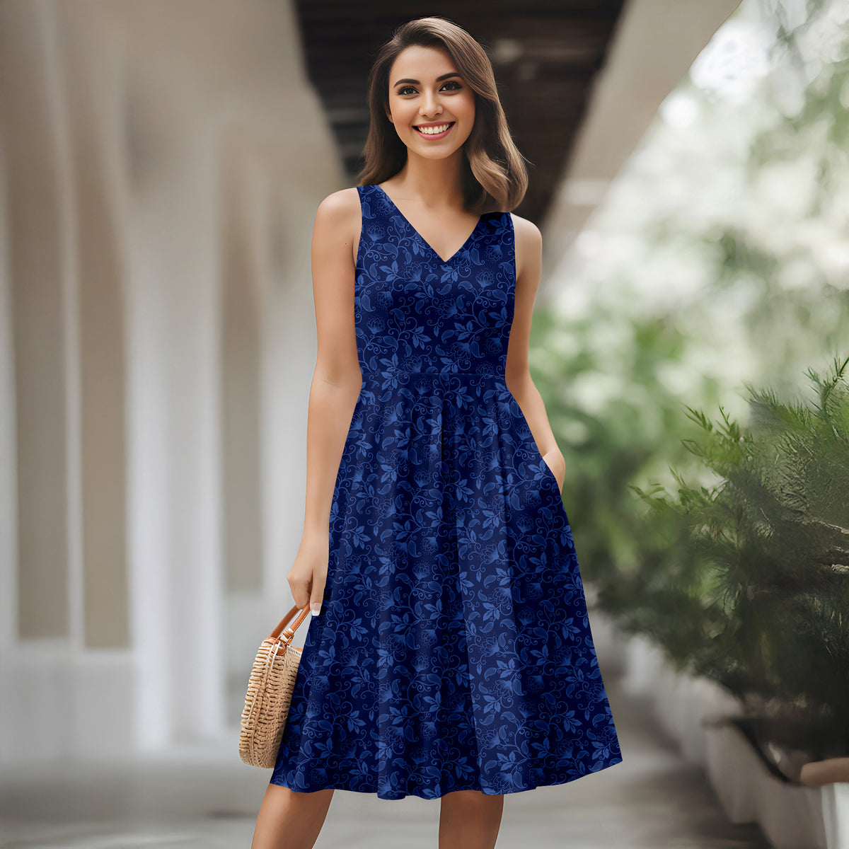 Sleeveless V-Neck Swing Dress with Side Pockets - Floral