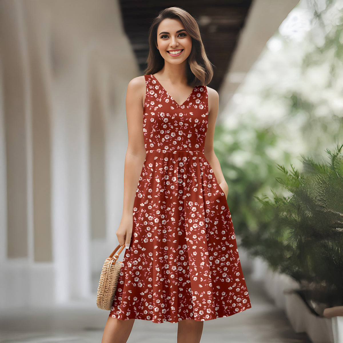 Sleeveless V-Neck Swing Dress with Side Pockets - Floral