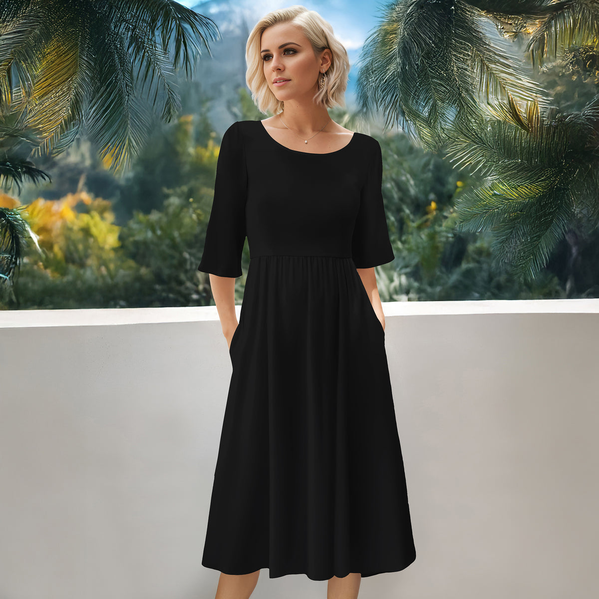 Three Quarter Sleeve Midi Dress with Pockets