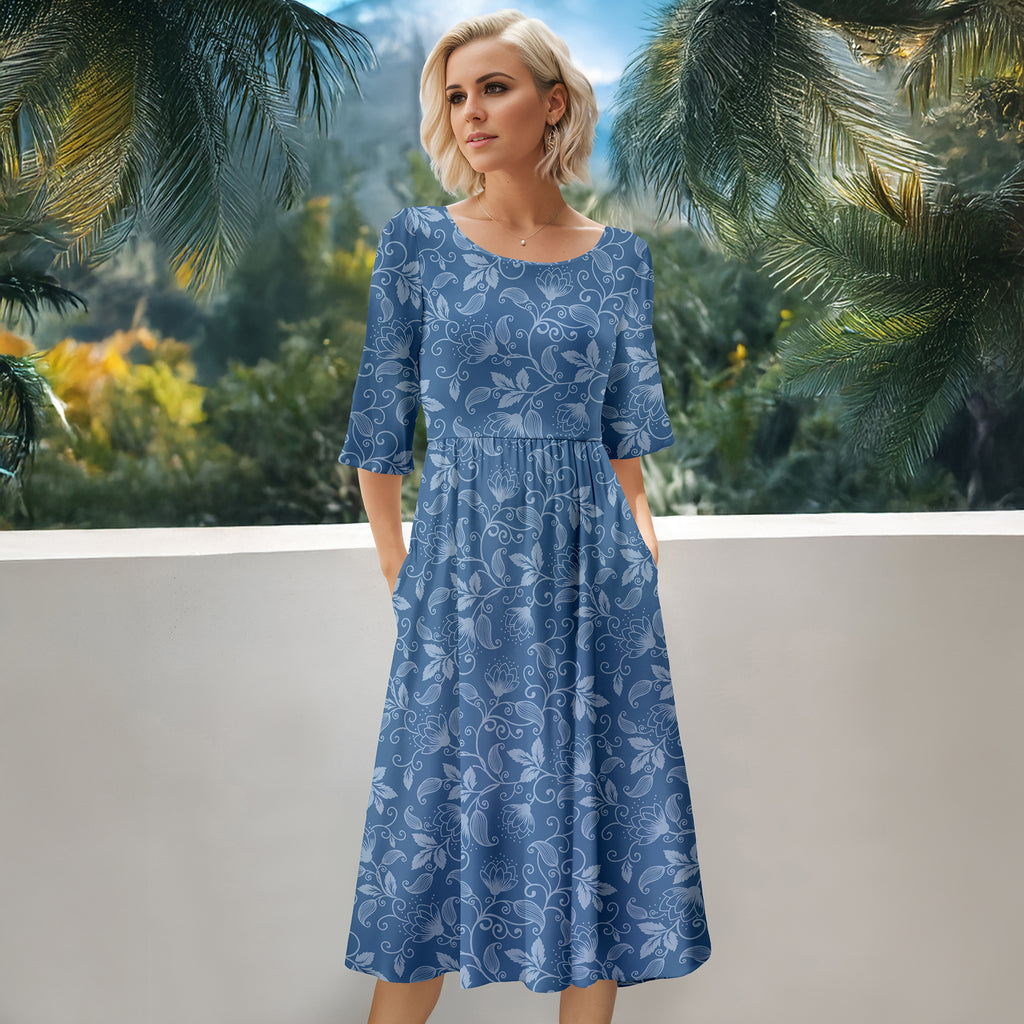 Three Quarter Sleeve Midi Dress with Pockets - Floral